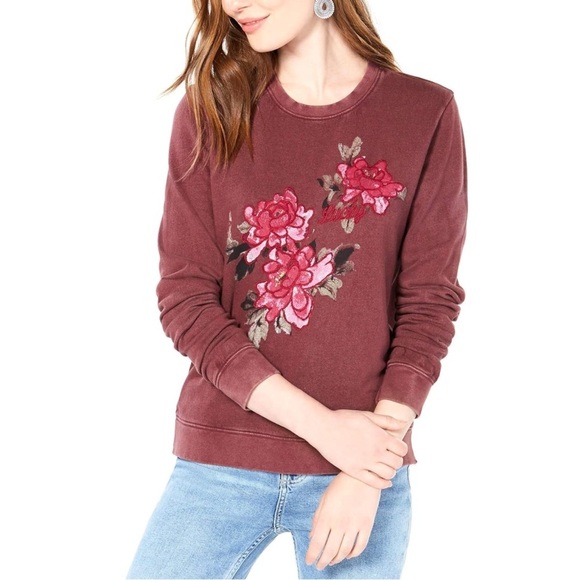 Lucky Brand Floral Pullover Sweatshirt In Wine - Picture 1 of 7